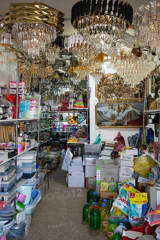 A full shop with chandeliers and various household products, Martuni, Gegharkunik province, Armenia