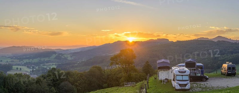 Panorama sunrise from Almhaus Hochsteinberg with camper in the car park, Kirnberg an der Mank, Lower Austria, Austria