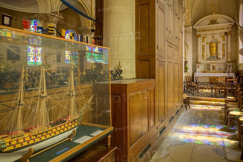 Sailing ship model in the church of Saint Martin, Yport, Département Seine-Maritime, France