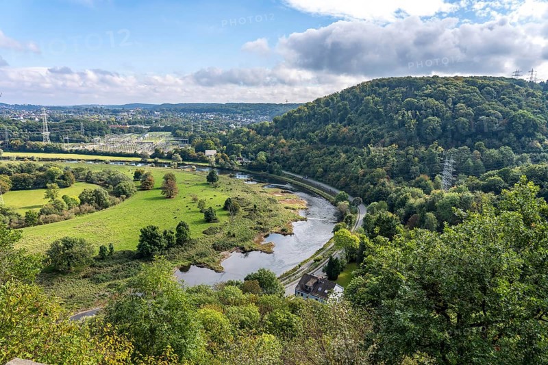 The Ruhr valley near Hattingen, Ruhr bend, groynes in the Ruhr, transformer station, North Rhine-Westphalia, Germany