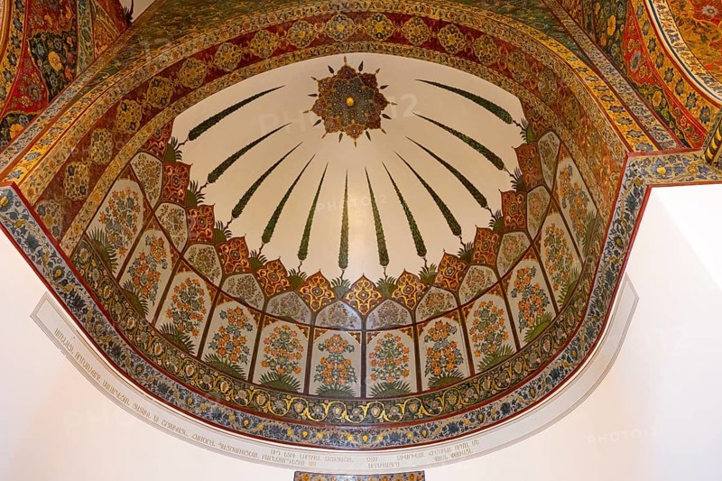 Decorated ceiling with bright patterns and artistic elements in bold colours, Inside the historic, most important Armenian Orthodox cathedral, UNESCO World Heritage Site, Echmiadzin, Echmiadzin, Ejmiacin, Vagharshapat, Vagharshapat, Vagharshapat, Valaršapat, Vagharshapat, Armavir province, Armenia