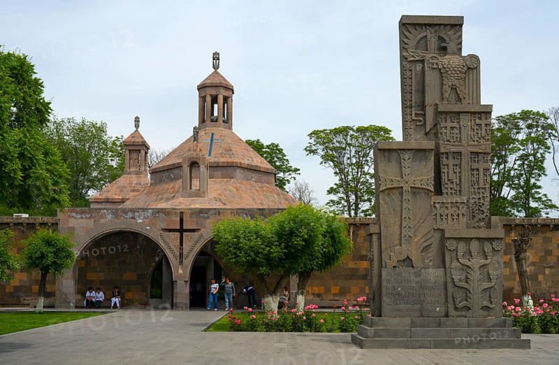 Historic church with characteristic architecture surrounded by manicured gardens and flowers, St Vardan and St Hovhannes Chapel-Baptistery, Echmiadzin, Echmiadzin, Ejmiacin, Vagharshapat, Vagarshapat, Vagarshapat, Valaršapat, Vagharshapat, Armavir Province, Armenia