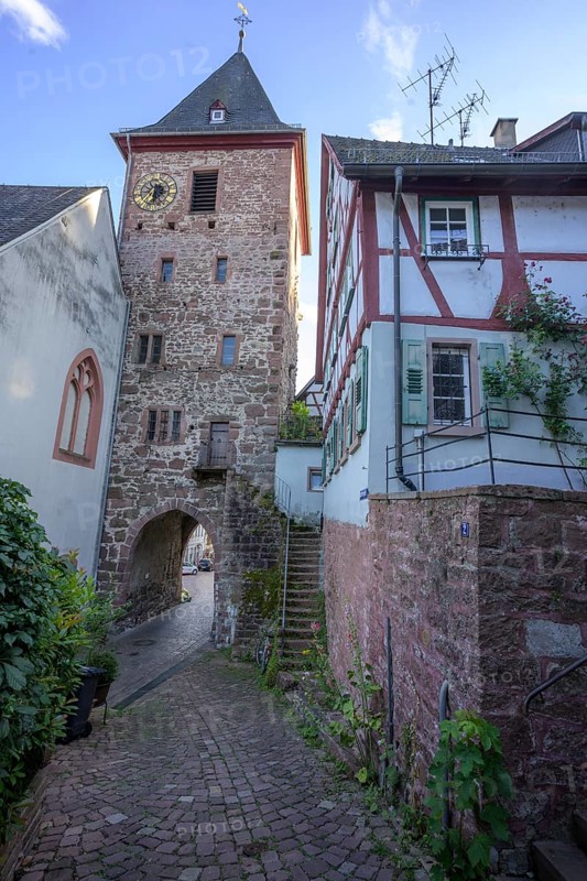 Half-timbered house and gate tower in the old town centre, Hirschhorn, Hesse, Germany