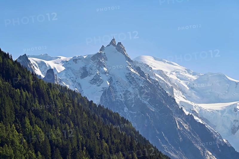 From left snow-covered Aiguille du Midi, Mont-Blanc, Vallot Hut, Chamonix-Mont-Blanc, Haute-Savoie, France