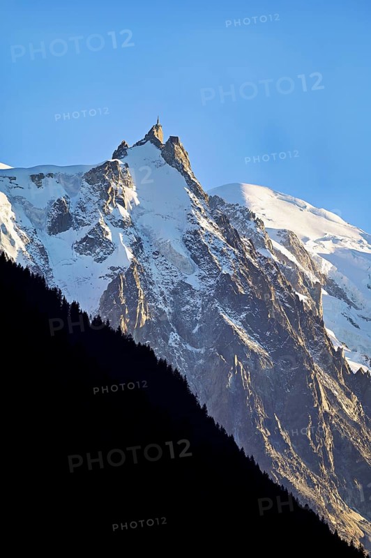 Aiguille du Midi, snow-covered Mont-Blanc on the right in the background, Chamonix-Mont-Blanc, Haute-Savoie, France