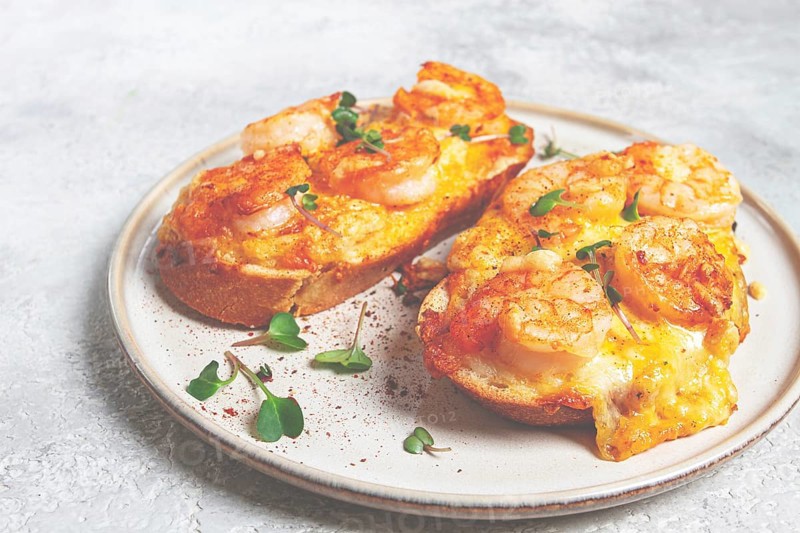 Sandwiches with shrimp and cheese, baked in the oven, with microgreens, breakfast, homemade, no people
