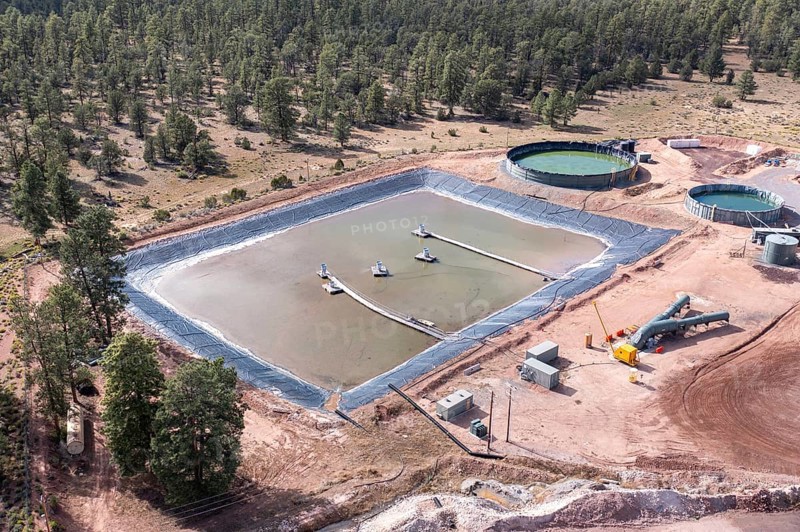 Tusayan, Arizona - A pond holding waste water at Energy Fuels' controversial Pinyon Plain uranium mine, located a few miles from Grand Canyon National Park and inside Baaj Nwaavjo I'tah Kukveni National Monument. Native American tribes fear contamination of ground water and pollution from trucks hauling uranium ore along the 300-mile route to Energy Fuels' White Mesa mill in Utah