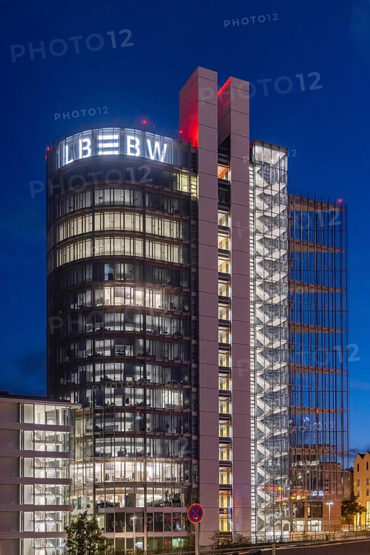 Building in the evening. Landesbank Baden-Württemberg on Heilbronner Straße. The bank's logo on the façade. Stuttgart, Baden-Württemberg, Germany