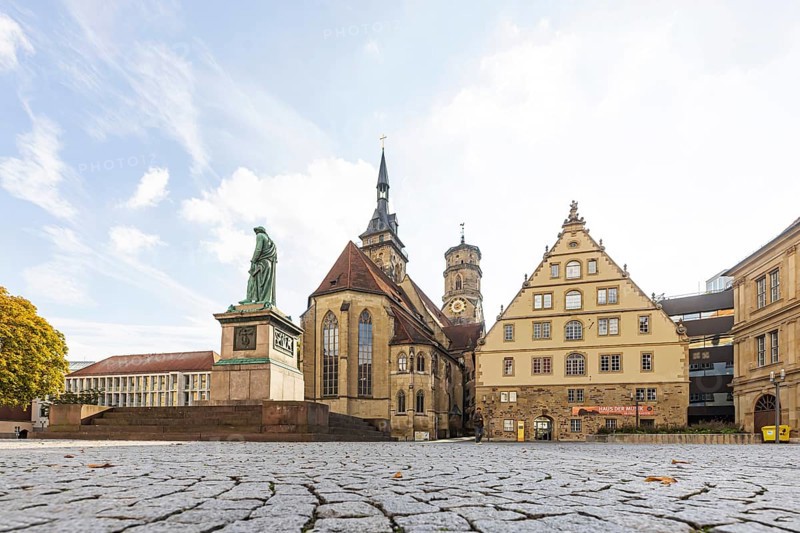 Schillerplatz Stuttgart with collegiate church, Schiller memorial and fruit box. City view of Stuttgart, Baden-Württemberg, Germany