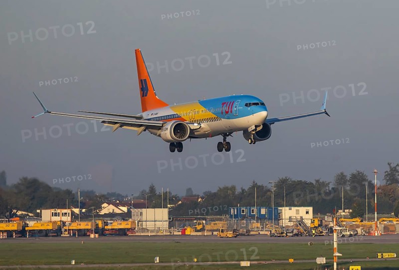 Flight operations at Stuttgart Airport. Aircraft approaching the airport. Aircraft registration number: D-AMAH, TUIfly, Boeing 737 MAX 8, special livery 50 Years. Stuttgart, Baden-Württemberg, Germany