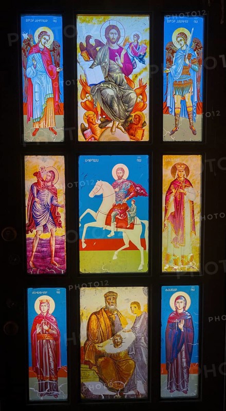 Stained glass window with detailed images of saints in bright colours, Dashtadem Fortress, Qagheni Fortress, Dashtadem, Aragatsotn Province, Armenia