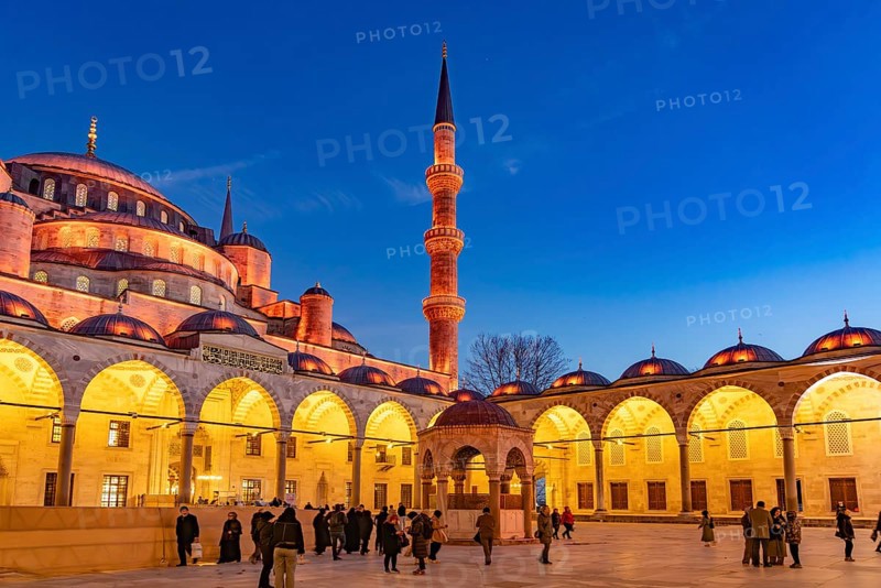 Inner courtyard of the Blue Mosque or Sultan Ahmed Mosque at dusk, Istanbul, Turkey