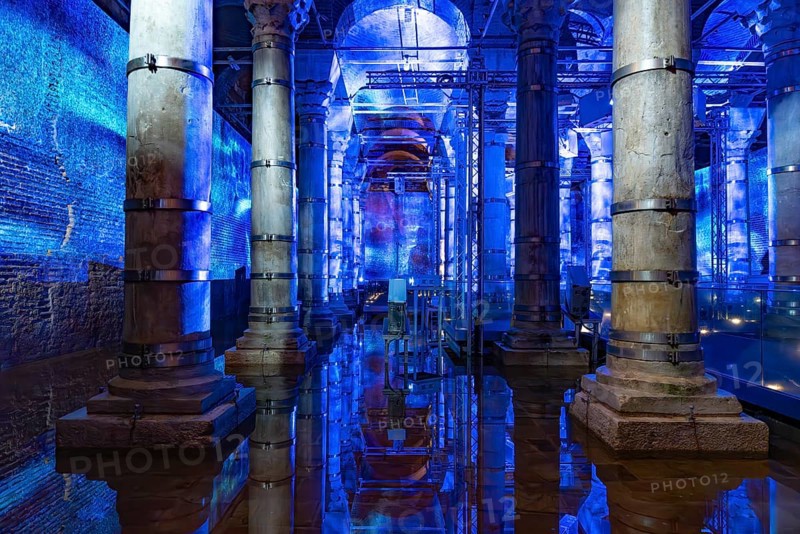 Light show in the historic Theodosius Cistern Serefiye Sarnici in Istanbul, Turkey