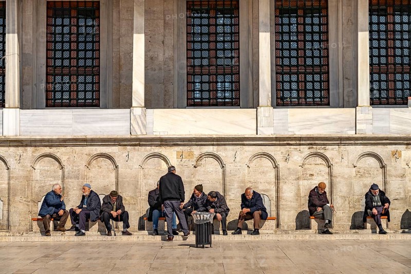 Muslims at the washbasins for the Wudu' ablution of the Fatih Mosque in Fatih, Istanbul, Turkey