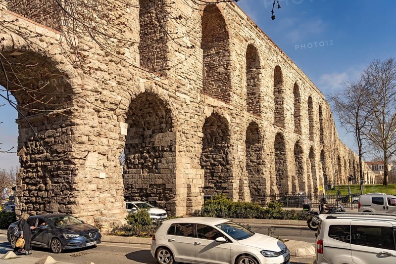 The Roman Valens Aqueduct across Atatürk Boulevard Atatürk Bulvari in Fatih, Istanbul, Turkey