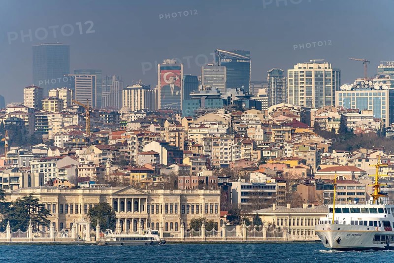 City view with Besiktas and Dolmabahçe Palace on the Bosphorus in Istanbul, Turkey