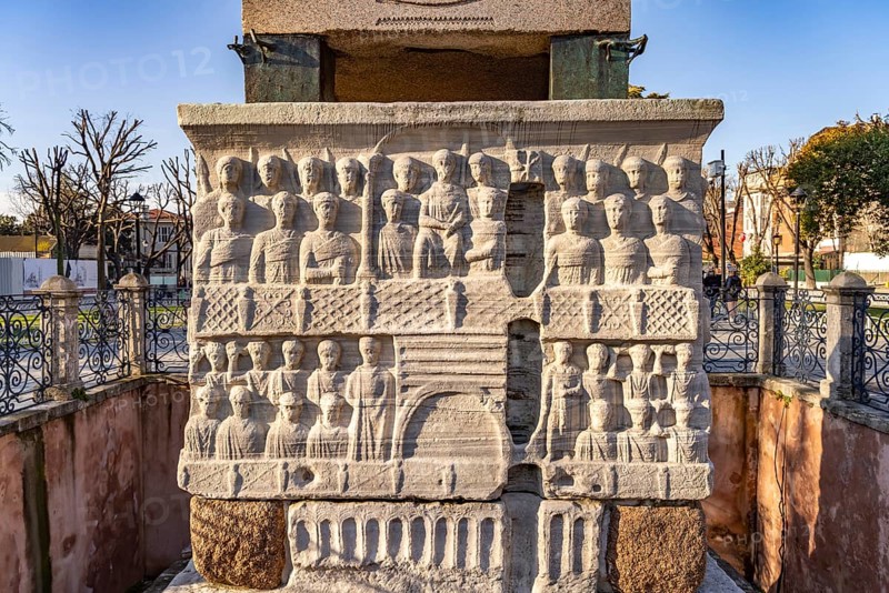 Marble base of the ancient Egyptian Obelisk of Theodosius or Obelisk of Istanbul with reliefs on the Hippodrome in Istanbul, Turkey