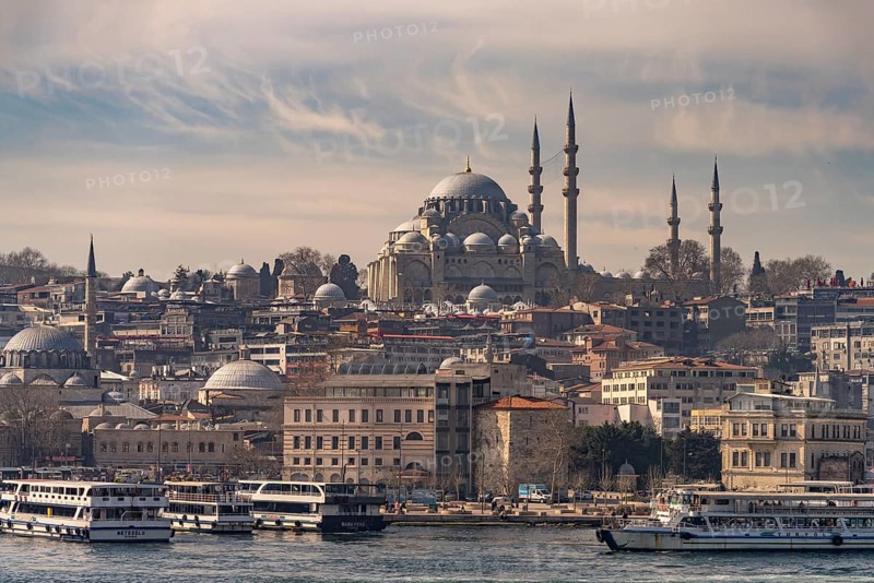 Eminönü with the Süleymaniye Mosque on the third hill in Istanbul, Turkey