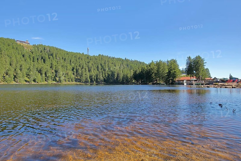 Lakescape with forest and mountain, Karsee, mountain lake, shore, transmission tower, mountain station, nature, Mummelsee, Honrisgrinde, Black Forest High Road, Northern Black Forest, Black Forest, Baden-Württemberg, Germany