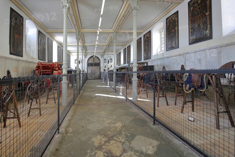 Carriages in the Marstallmuseum, interior view, Marstall, Hohenzollern Palace, Sigmaringen, Swabian Alb, Baden-Württemberg, Germany