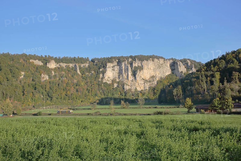 Railway line with train and view of rock formations, landscape, rock formations, rock cliffs, rocks, mountains, nature, train traffic, railway line, Neidlingen, Beuron, Upper Danube Valley, Swabian Alb, Baden-Württemberg, Germany