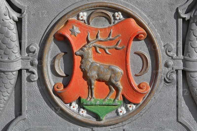 Stag figure as heraldic animal, town coat of arms, detail, market fountain, Sigmaringen, Swabian Alb, Baden-Württemberg, Germany