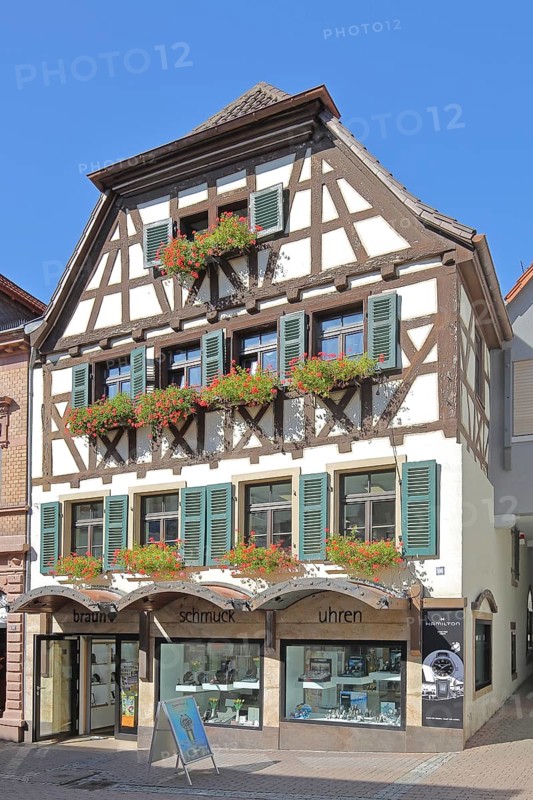 Half-timbered house with shutters, Unterer Markt, Wiesloch, Baden-Württemberg, Germany