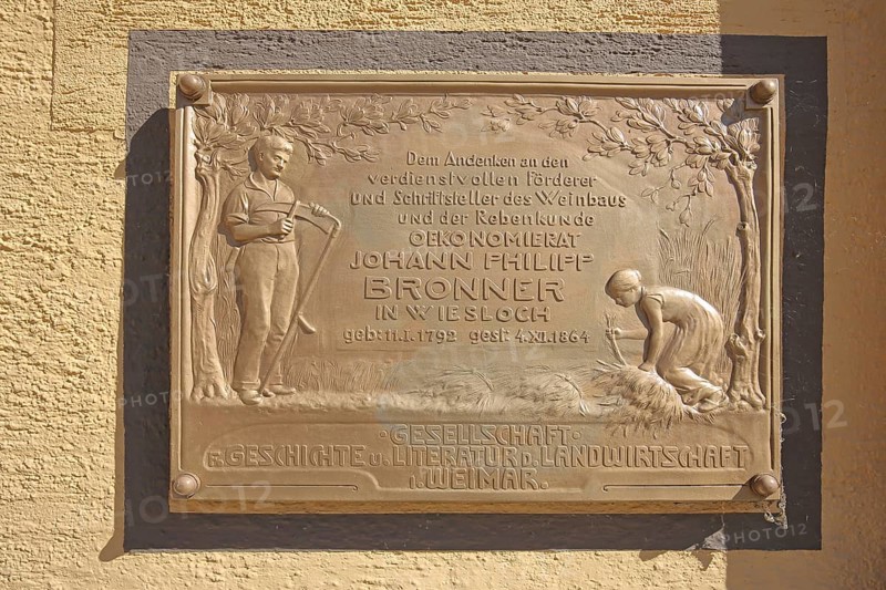 Memorial plaque with inscription and relief to pharmacist, winegrower and writer Johann Philipp Bronner, text, winegrower, viticulture, wine culture, vines, breeder, agriculture, farmer with scythe and farmer's wife, harvest, figures, monument, Bronner House, Unterer Markt, Wiesloch, Baden-Württemberg, Germany