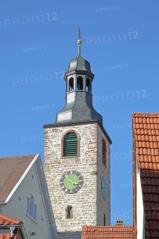 Former defence defence tower of the castle built in the 14th century and today's bell tower of St. Laurentius Church, Wiesloch, Baden-Württemberg, Germany