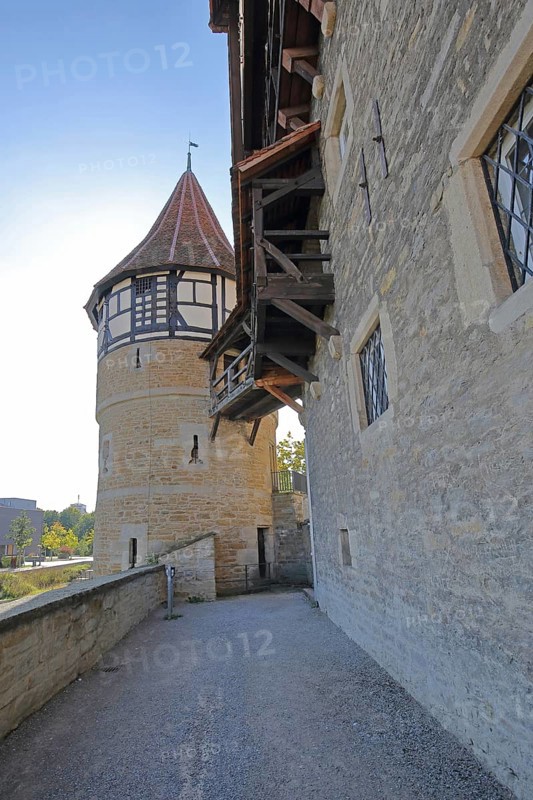 Water tower with external staircase built around 1255, wooden bridge, Zollernschloss, castle, Balingen, Swabian Alb, Baden-Württemberg, Germany