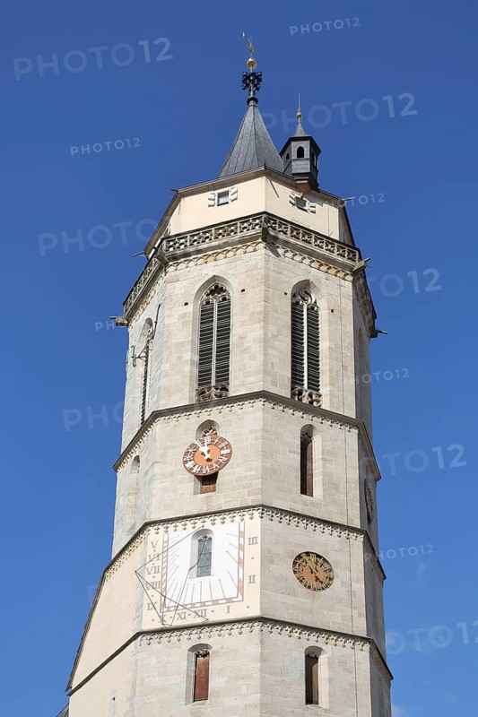 Tower of the late Gothic town church with sundial and clocks, church tower, landmark, Balingen, Swabian Alb, Baden-Württemberg, Germany