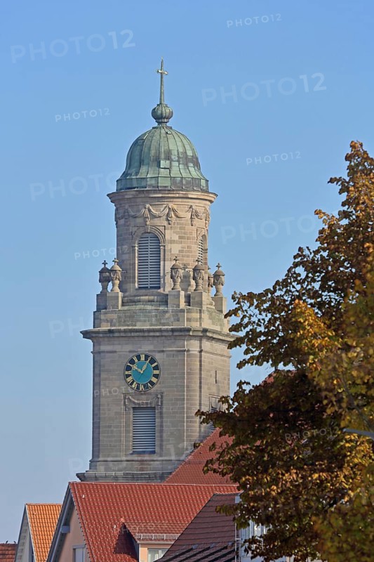 Tower of the collegiate church of St James built in 1783, Hechingen, Swabian Alb, Baden-Württemberg, Germany
