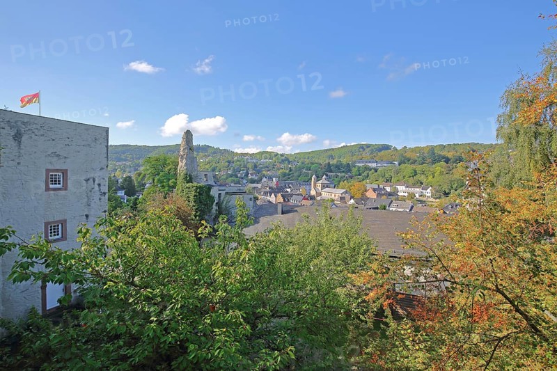 View from the castle of the townscape with Romanesque collegiate church of St. Chrysanthus and Daria, Bad Münstereifel, Ahrgebirge, Eifel, North Rhine-Westphalia, Germany