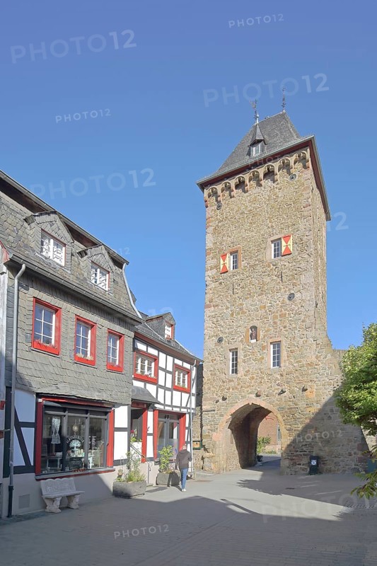 Werther Tor built in 1416, town gate, defence defence tower, Bad Münstereifel, Ahrgebirge, Eifel, North Rhine-Westphalia, Germany