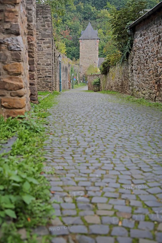 Historic city wall with Werther Tor, city tower, city gate, Wallgasse, city fortifications, cobblestones, alleyway