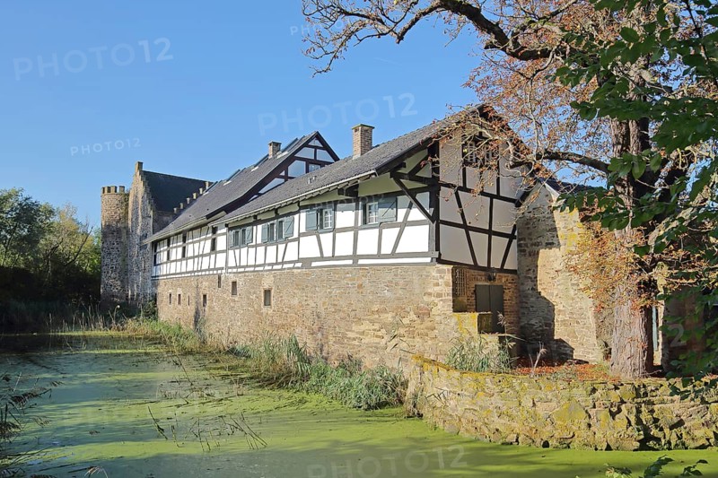 Clover castle built 14th century with moat, moated castle, half-timbered house, pond, Weidesheim, Euskirchen, Vordereifel, Eifel, North Rhine-Westphalia, Germany