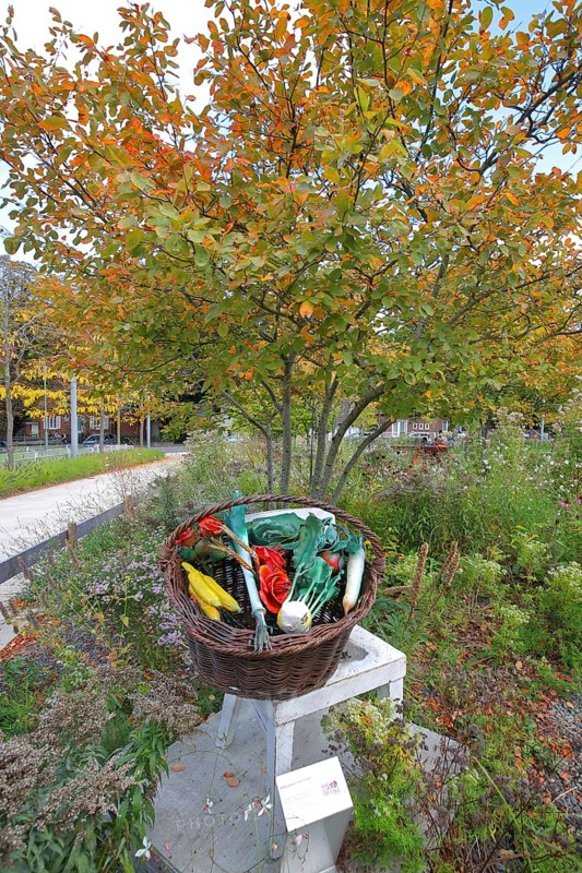 Sculpture market basket with chair by Thomas Schmidt, modern art, metal design, metalworking, steel sculpture, real replica, various mixed fruit and vegetables, fruit basket, fruit, bananas, kohlrabi, kale, leek, tomato, radish, roses, wicker basket, shopping basket, park, autumn colours, Bastinsweiher, Rhineland, Stolberg, North Rhine-Westphalia, Germany