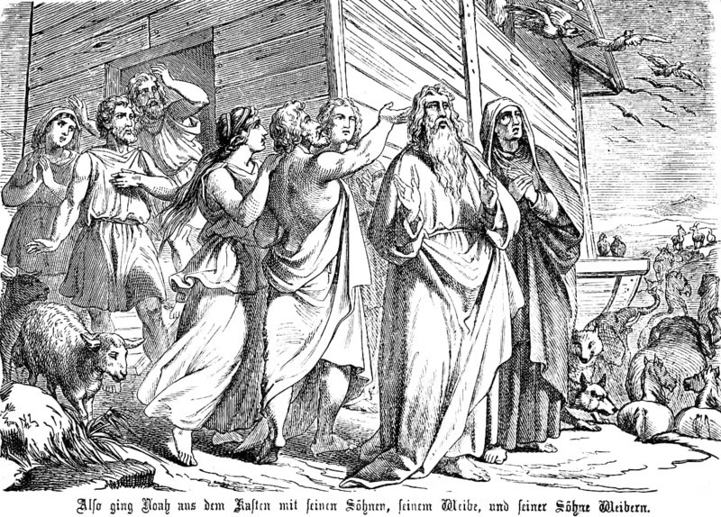 First Book of Moses, Chapter 9, Genesis, after the Flood Noah leaves the ark with his sons and wives, animals, Old Testament, Bible, historical illustration 1877