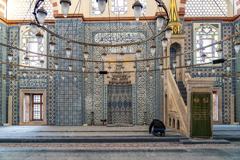 Blue Iznik tiles in the interior of the Rüstem Pasha Mosque in Eminönü, Istanbul, Turkey