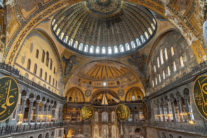 Domes in the interior of today's Hagia Sophia mosque or Church of St Sophia, former Byzantine church and museum in Istanbul, Turkey