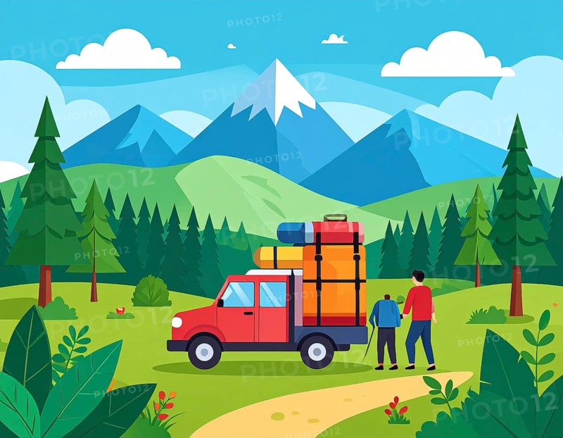 Traveling and hiking in mountain landscape, abstract vector illustration, AI generated image