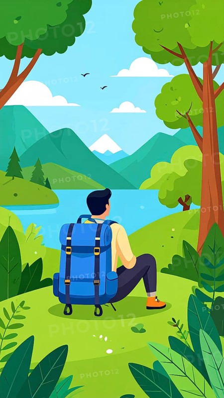 Traveling and hiking in mountain landscape, abstract vector illustration, AI generated image