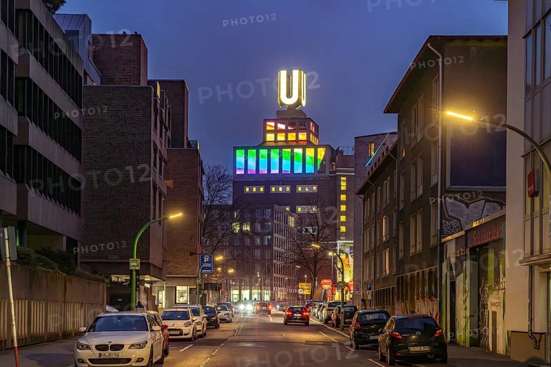 Dortmund landmark U, centre for art and creativity in the former Union Brewery at dusk, Dortmund, North Rhine-Westphalia, Germany