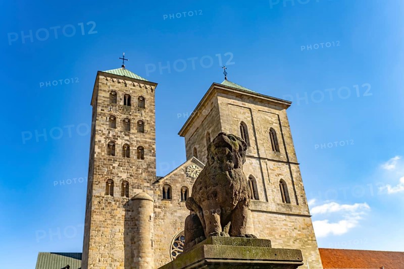 Lion poodle figure in front of St Peter's Cathedral in Osnabrück, Lower Saxony, Germany
