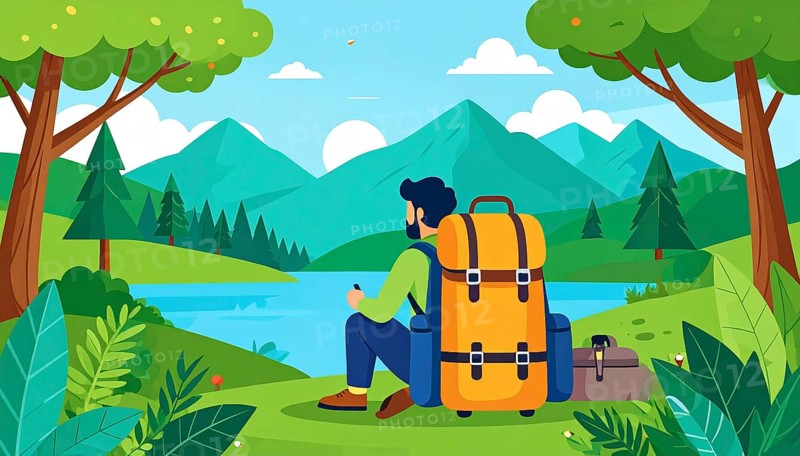 Traveling and hiking in mountain landscape, abstract vector illustration, AI generated image
