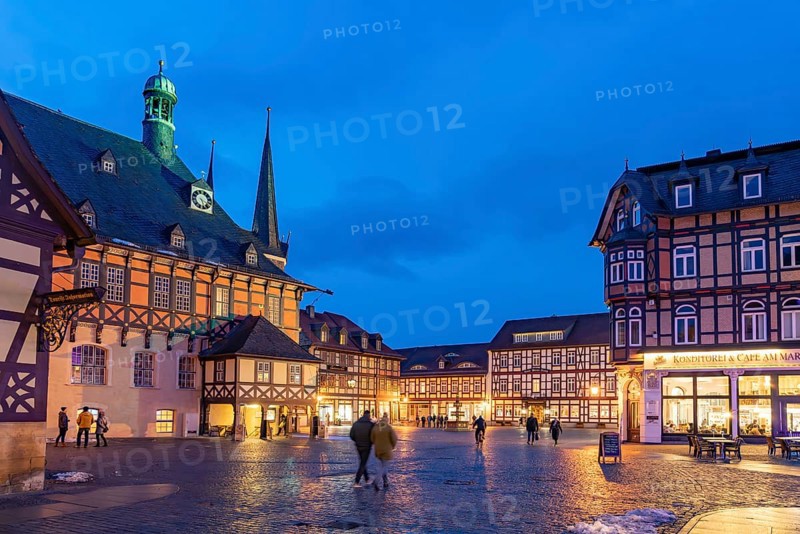 The town hall and market square in Wernigerode at dusk, Saxony-Anhalt, Germany