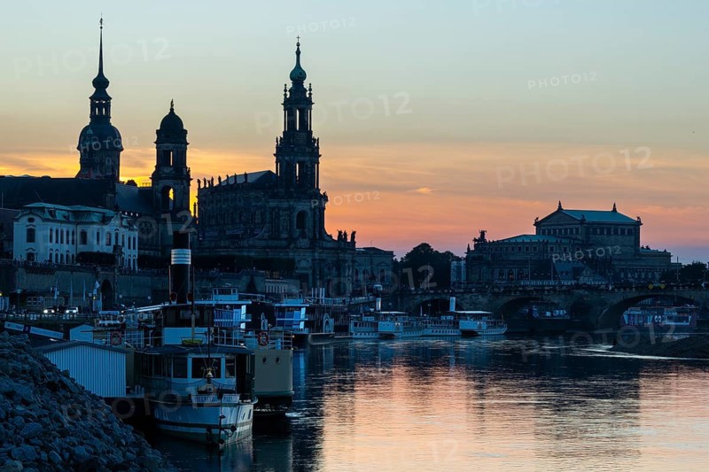 Old Town of Dresden at sunset, Cathedral Sanctissimae Trinita, Court of Appeal, Residential Palace, Semper Opera, Augustus Bridge, Elbe, Dresden, Saxony, Germany