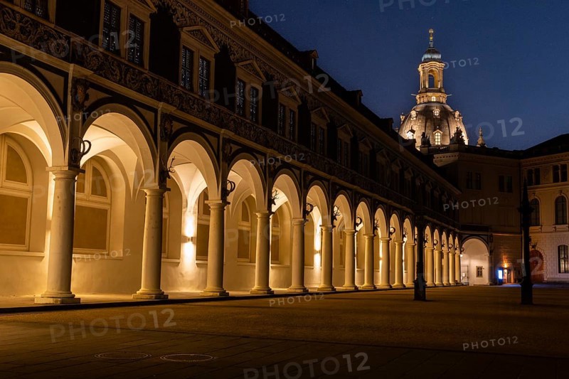 Tower of the Church of Our Lady, pillars and archway in the Stallhof, Residenzschloss, Blue Hour, Neustadt, Dresden, Saxony, Germany
