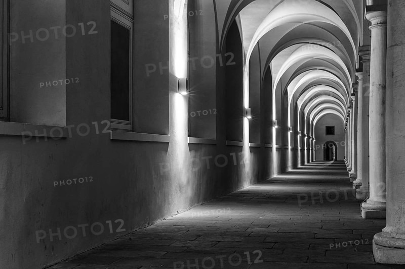 Pillars and archway in the stable courtyard, artificial light, Residenzschloss, Neustadt, Dresden, Saxony, Germany