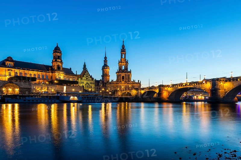 Old town skyline with Brühl's Terraces, Cathedral Sanctissimae Trinitatis, Court of Appeal, Augustus Bridge, paddle steamer on the Elbe in the Blue Hour, Dresden, Saxony, Germany